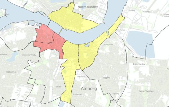 De to sogne markeret med rødt er Budolfi og Vor Frelsers, der allerede er lukket. De gule sogne kan være de næste, der lukker ned, hvis ikke der kommer bedre styr på smittepsredningen i Aalborg Kommune. Grafik: Ole Sanvig Knudsen