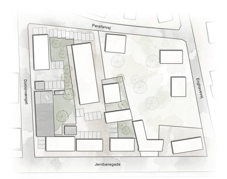 Beliggenhedsplan for det planlagte etagebyggeri på Doktorvænget. Illustration: Arkitektfirmaet No. 57 i Nibe