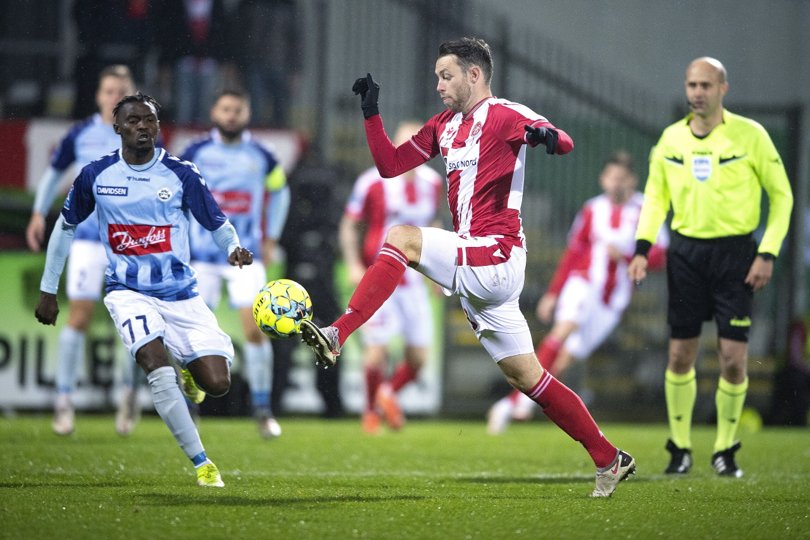 Louka Prip i fuld firspring mod SønderjyskE, hvor han scorede to gange. Foto: Torben Hansen