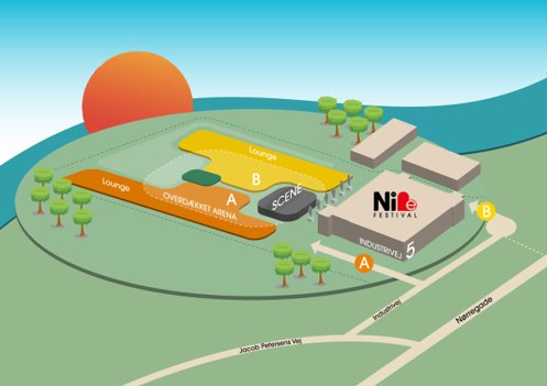 Lyden af Nibe løber af stablen på det grønne område foran spillestedet Støberiet. Illustration: Nibe Festival