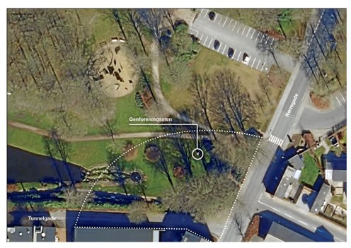 Indenfor dette felt skal Ny Hedelund ligge. Det er det sydøstlige hjørne af parken, hvor Tunnelgade og Nørregade mødes. Illustration: Brønderslev Kommune