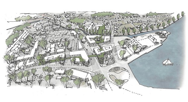 Sådan kunne et nyt campus ved havnen i Hobro tage sig ud. Cubo Arkitekter har slået de foreløbige streger til projektet. Illustration: Mariagerfjord Kommune