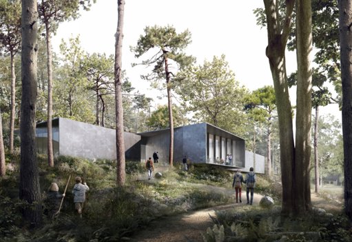 Fire sorte bokse delvist skjult i skoven udgør den nye velkomst- og udstillingsbygning, som AART architects har tegnet til koldkrigsmuseet Regan Vest. Nu går byggeriet i gang. Illustration: Nordjyllands Historiske Museum / AART Architects