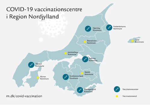 De seks markeringer med kanyler er såkaldte vaccinationscentre. De fem gule prikker er vaccinationssteder, hvor placeringen i princippet kan variere, oplyser Region Nordjylland på sin hjemmeside (foto).