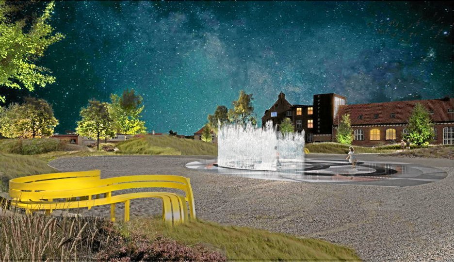 Springvandet bliver til at gå ind i. Bænken forsvinder ned i jorden, Sådan skal børn og voksne forundres i den nye park midt i Skagen. Illustration Jeppe Hein.