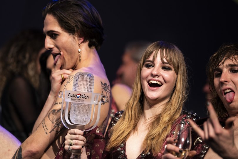 Gruppen "Måneskin" fra Italien til pressemøde efter deres sejr i finalen i Eurovision Song Contest 2021 set lørdag aften. Foto: Emil Helms/Ritzau Scanpix <i>Ritzau Scanpix</i>