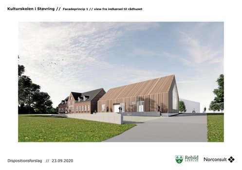 Den nye fløj er på 213 kvadratmeter i et plan og en total bygningshøjde på 8,5 meter i lighed med den gamle højskole til venstre. Illustration: Norconsult Arkitektur A/S