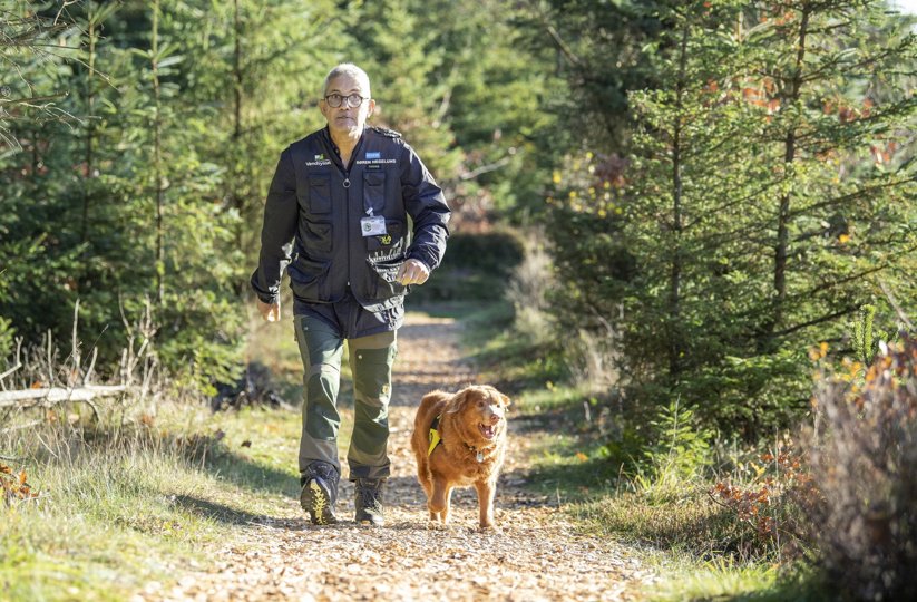 Søren Hegelund og Kandis fandt i samarbejde med sin hund et sæt nøgler, der var tabt i en skov ved Saltum. Kandis er specialtrænet til at finde ting, der skiller sig ud, og de øver sig fortsat, selv om Kandis er en erfaren eftersøgningshund. Foto: Bente Poder