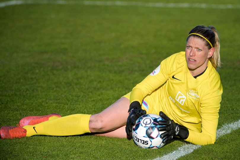 Målmand Line Geltzer Johansen boksede et hjørnespark i eget net mod Brøndby. Arkivfoto: Bo Lehm <i>Bo Lehm</i>
