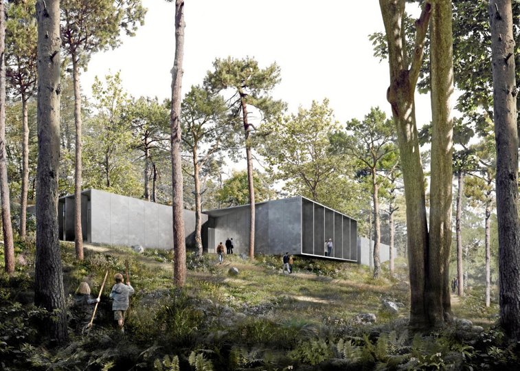 Sådan kommer det så nogenlunde til at tage sig ud på jordoverfladen - Danmarks kommende koldkrigsmuseum Regan Vest i Rold Skov. Visualisering: Aalborg Historiske Museum