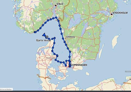 Sådan ser den rute ud, som Bjarte Vestøl har fulgt, siden han 19. maj forlod Bragdøya i skærgården syd for Kristiansand. Lige befinder han sig i Skagerrak mellem Hirtshals og Kristiansand.