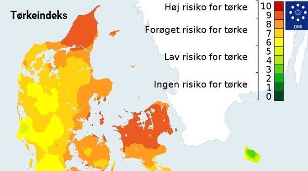 Her er DMI's tørkeindeks søndag - især i Vendsyssel er der ekstra tørt. Grafik: DMI