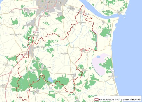 I Nordjylland gælder restriktionerne i den "røde zone" på kortet her, men nu må lystfiskere igen tage fisk med hjem fra området. Grafik: Fødevarestyrelsen