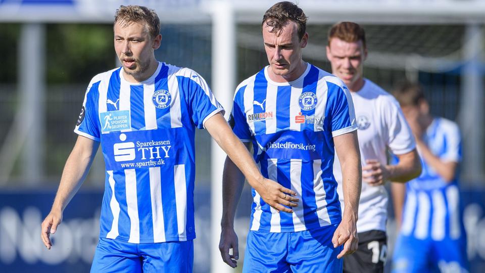 Mikkel Agger (t.v.) udlignede for Thisted FC mod FA2000. <i>Foto: Henrik Bo</i>