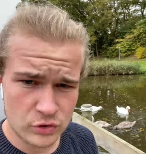 Gustav Urth i Folkeparken ved svanerne i Soppedammen. Foto fra Gustav Urths video.