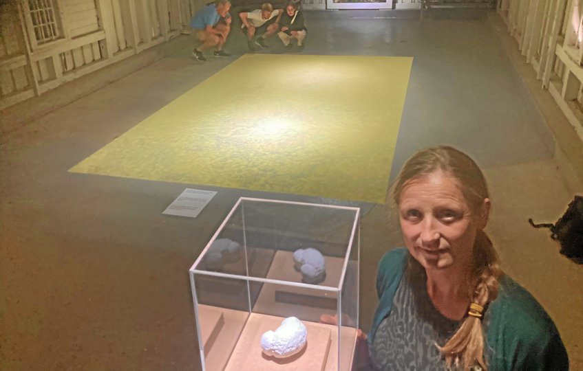 Camilla Berner foran sit pollentæppe i det gamle redningshus ved Hanstholm Fyr. Kunstneren har brugt et par kilo pollen fra klitfyr til installationen, indsamlet i Nationalpark Thy en weekend i begyndelsen af juni. Hun har måttet både tætne den gamle træbygning og forsyne indgangen med sluse for at forhindre, at vindpust blæser hendes pollen væk. I forgrunden en 3D-printet udgave af et pollenkorn, som Camilla Berner har modelleret efter studier i mikroskop. Foto: Morten Kyndby Holm