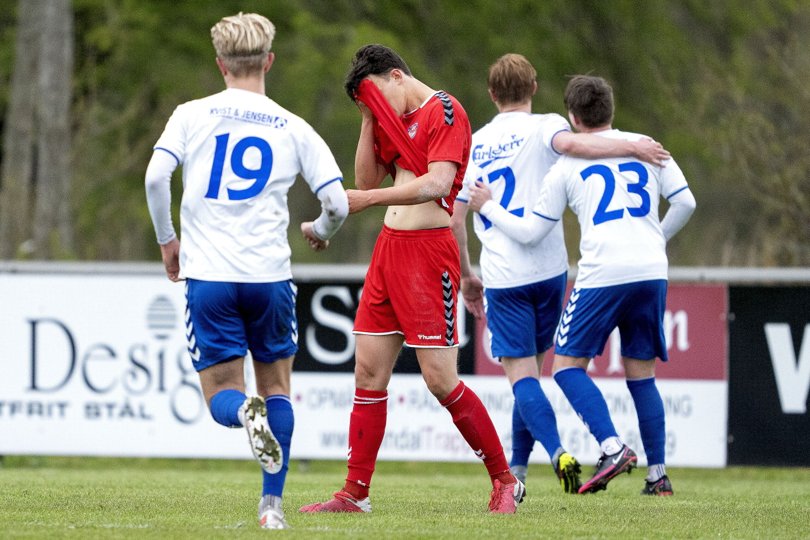 Her har Mathias Mortensen netop bragt Vejgaard på 2-0 mod Nørresundby. Foto: Lars Pauli <i>Foto: Lars Pauli</i>