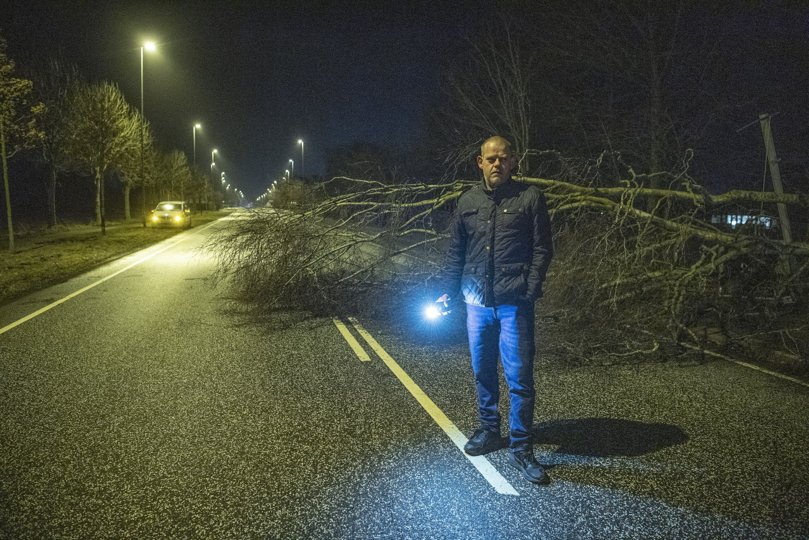 Et træ væltede lørdag sidst på eftermiddagen ud over Sulsted Landevej og skabte en farlig situation for bilisterne. Henrik Pedersen stillede sig op og advarede bilister med lyset fra sin mobiltelefon. Foto: Bente Poder <i>Foto: Bente Poder</i>