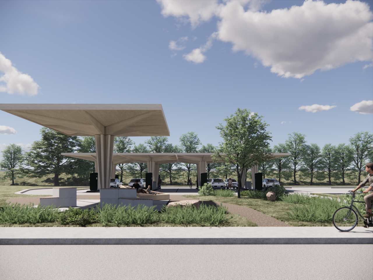 Sådan ser de foreløbige illustrationer ud til det, der skal blive landet største el-ladestation. Den kommer til at ligge i nye butiksområde i Nørresundby fra sommer. Illustration: Clever