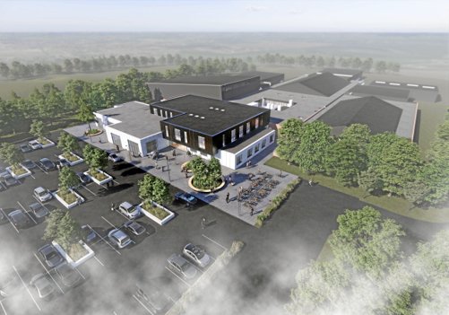Sådan kommer det færdige ”Center for Sundhed - Thyhallen” til at tage sig ud. Arbejdet på projektets anden etape starter i foråret. Illustration: Thisted Kommune