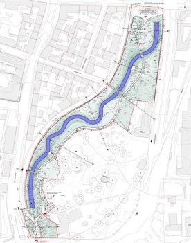 Projektet for Karolinelund viser, hvordan åen kommer til at slynge sig gennem den vestlige del af parken. Grafik: Aalborg Kommune