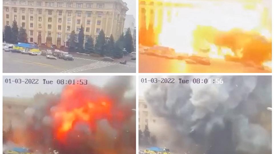 Et russisk missil rammer tirsdag morgen rådhuset i Kharkiv i det nordøstlige Ukraine. Missilet kan anes lige over taget, i sekundet før det rammer og eksploderer. Mindst 10 mennesker meldes dræbt i byen. <i>State Emergency Services Of Ukra/Reuters</i>