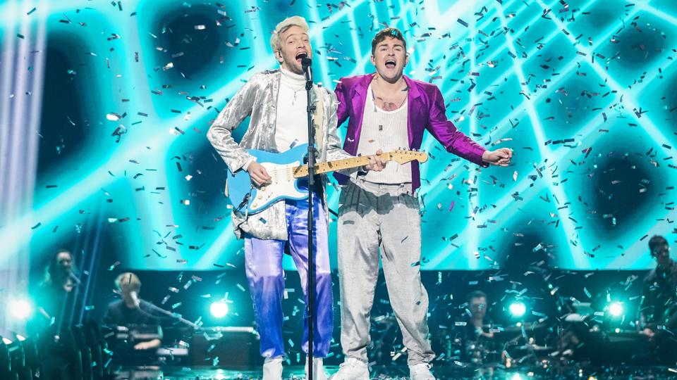 Sidste års vindere af Dansk Melodi Grand Prix blev Fyr og Flamme med sangen "Øve os på hinanden". De åbner i år grandprix-showet i Jyske Bank Boxen i Herning. <i>Martin Sylvest/Ritzau Scanpix</i>