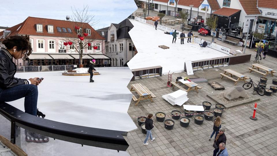 I Aalborg (tv) bliver der ingen skøjtebane i år. Billedet er fra sidste år. Men i Blokhus (th) er de lige nu ved at lægge sidste hånd på skøjtebanen, der åbner på torvet på lørdag. Foto: Henrik Bo <i>Foto: Laura Guldhammer</i>
