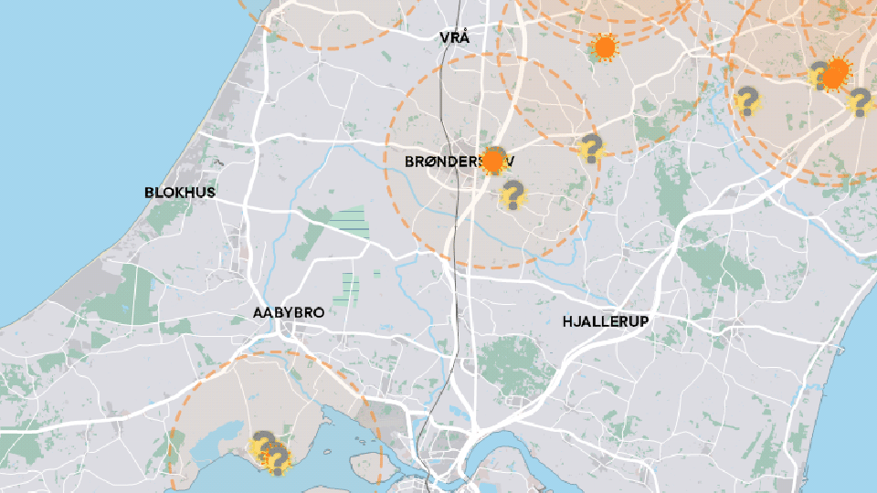 På kortet kan du se hvilke områder, der ligger inden for en radius på otte kilometer fra en smittet minkfarm.