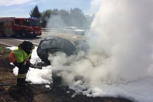Bil brød i brand på motorvejen: Startede lille naturbrand
