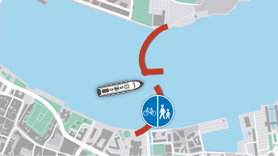 En ny drejebro mellem Musikkens Hus i syd og Stigsborg-grunden i nord til 400 mio. kr. kan på sigt blive en realitet. Grafikken viser ikke broens nøjagtige placering eller form. Illustration: Christian Made Hagelskjær