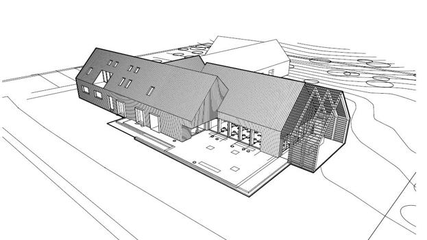 Foreløbig skitse af ombygningen af Halkær Kro, tegnet af arkitektfirmaet Kjaer & Richter.