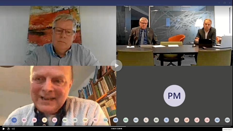 Sådan så det ud på kommunens hjemmeside onsdag aften, da man holdt det første byrådsmøde i Hjørring Kommune udelukkende via internettet. De fleste byrådsmedlemmer deltog hjemmefra via Microsoft Teams online konferenceprogram.