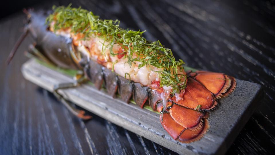 En hel flammegrillet hummer med masser af lækre toppings er omdrejningspunktet i signaturmenuen. Foto: Martin Damgård