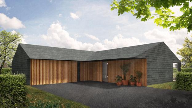 ... skitsetegning af samme hus med tilbygning. Fotos: Skitseprojekt