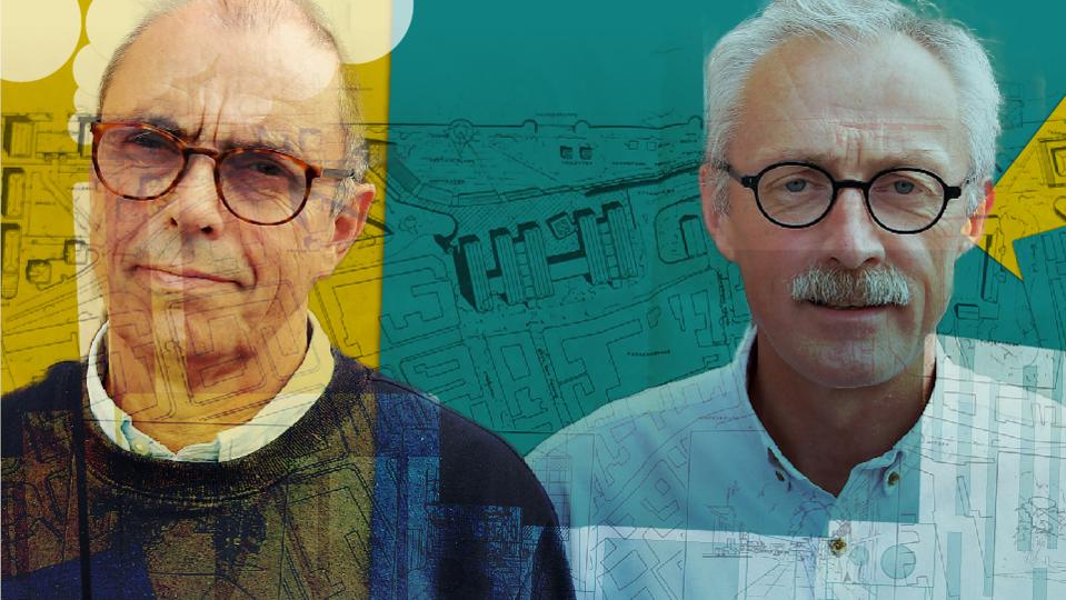 ”Vi fik en chance, unge arkitekter ikke får i dag”, fortæller Lars Bjørk og Hans Maigård, der var nyuddannede, da de i 1989 vandt en stor idékonkurrence om omdannelsen af Aalborg Havn. Foto: Claus Søndberg. Illustration: Christian Made Hagelskjær