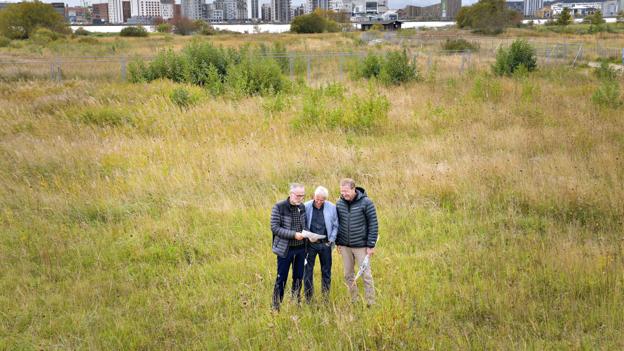 Initiativgruppen bag Henning Jensens Plads, Per Kirstein Nielsen, Ole S. Nielsen og Lars Høst, er ude at se på det grønne areal, der til august bliver til Henning Jensens Plads. Foto: Claus Søndberg