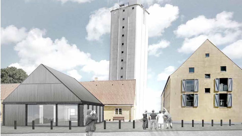 Doverodde Købmandsgård med den nye velkomstbygning, som ifølge et skiteseprojekt skal opføres som tilbygning til den ene længe af købmandsgården. Det er pakhuset, til højre i billedet, som skal rumme den nye filial af Statens Museum for Kunst. Visualisering: P+P Arkitekter