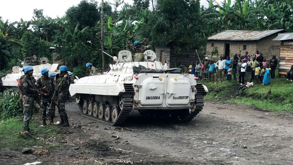 Her ses fredsbevarende styrker fra FN-missionen Monusco i Nord-Kivu i DR Congo tirsdag. <i>Djaffar Sabiti/Reuters</i>