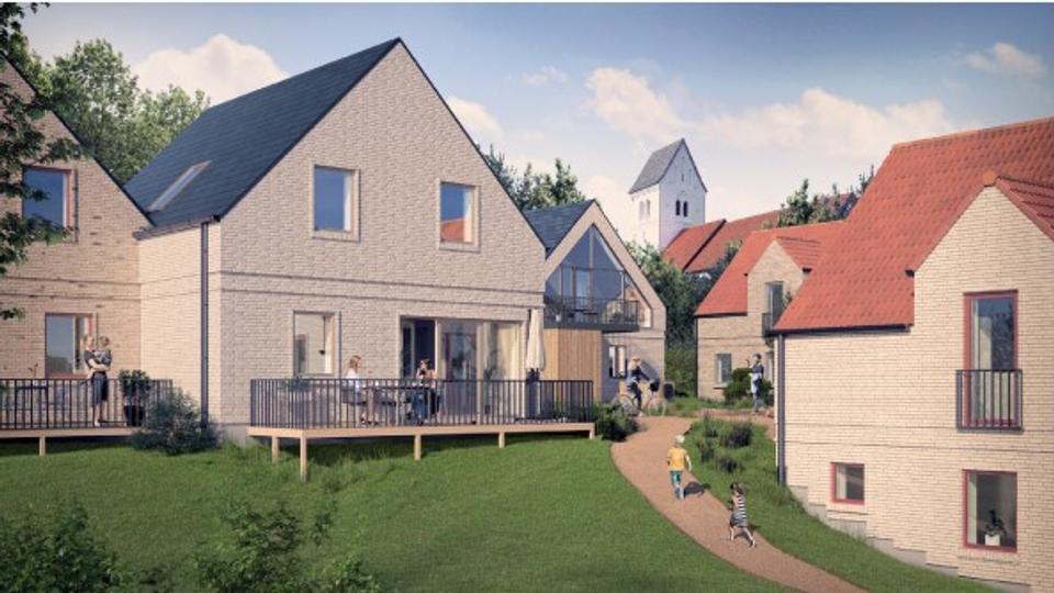 Det planlagte bygger består af dobbelthuse, der ligger tæt på den gamle kirke. <i>Illustration: Ideal Arkitekter</i>