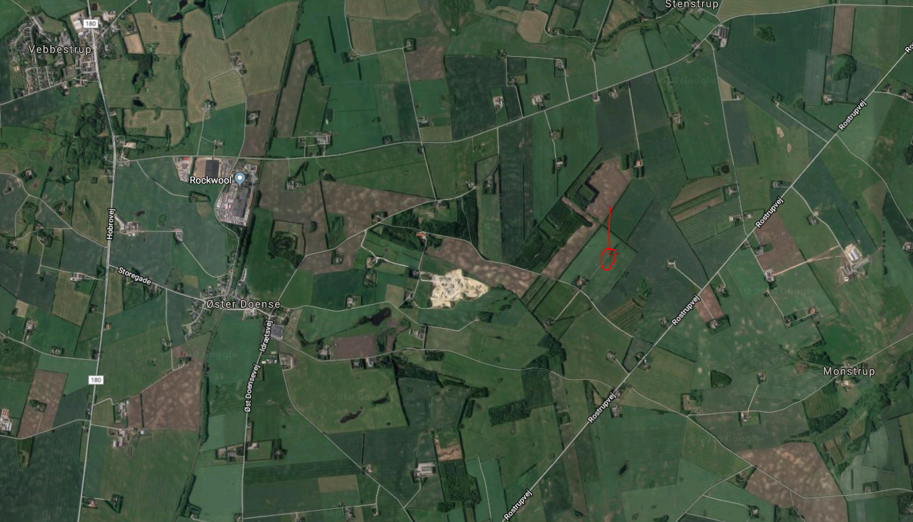 Møllen står ved den røde cirkel på kortet. Foto: Google