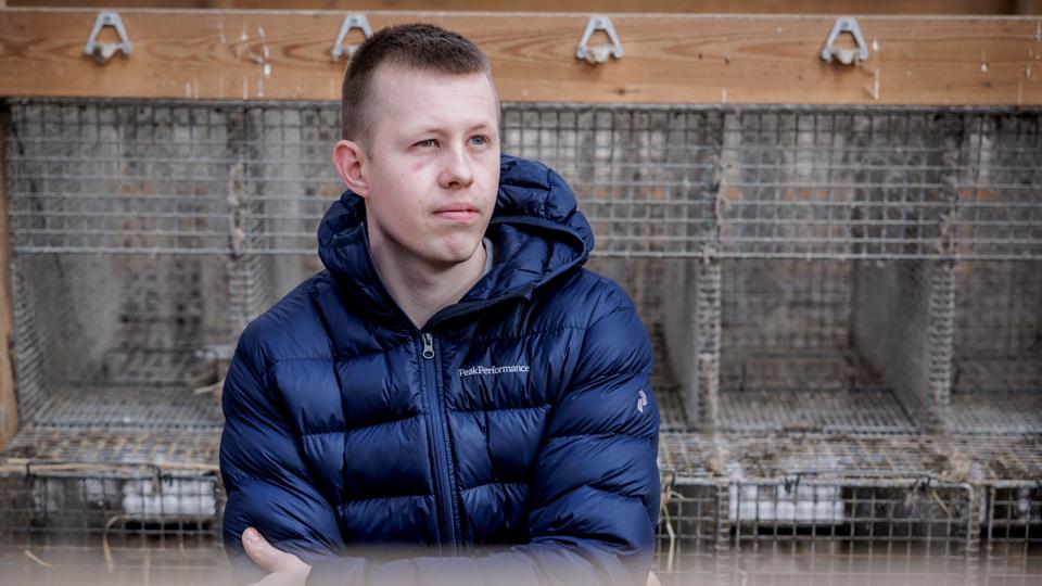 28-årige Martin Korsbæks minkbure er stadig tomme. Han håber, at der snart kommer liv i dem og den danske minkbranche. Mens han venter på tilladelsen, går han og passer grise på en nærliggende gård.  <i>Foto: Martin Damgård</i>