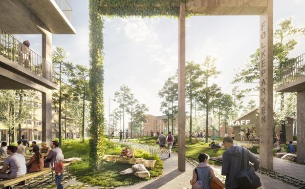 Hullet i den 14 etager høje bygning skal skabe kig til hele Folkeparken <i>Visualisering: Team SLA</i>