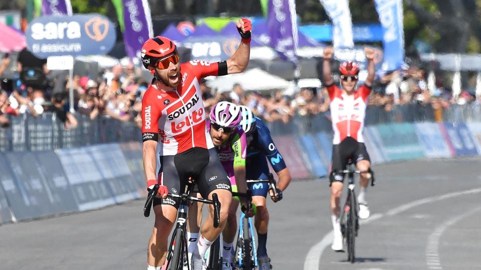 Lotto Soudal udnyttede sit overtal i den endelige frontgruppe og snuppede etapesejren lørdag. <i>Jennifer Lorenzini/Reuters</i>