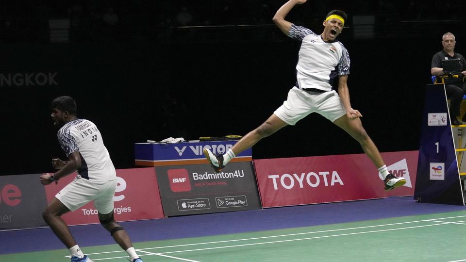 Der var stor jubel, da Indiens bedste herredouble gjorde det til 2-0 undervejs i Thomas Cup-finalen. <i>Sakchai Lalit/Ritzau Scanpix</i>