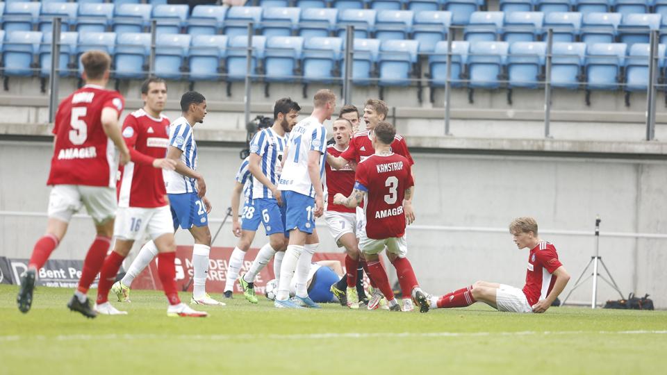 Fremad Amager i rødt leverede et stort comeback og sendte Esbjerg ned i 2. division. <i>Mikkel Berg Pedersen/Ritzau Scanpix</i>