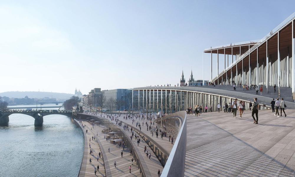 Vltava Philharmonic Hall , Tjekkiets nye nationale koncerthus, som det kommer til at se ud ved bredden af floden Vltava i Prag.
