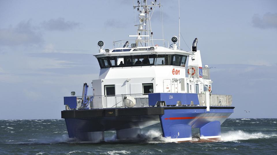 ”Lina” ud for Skagen Havn under sejlads som katamaran.Foto: Hans Ravn <i>Hans Ravn</i>