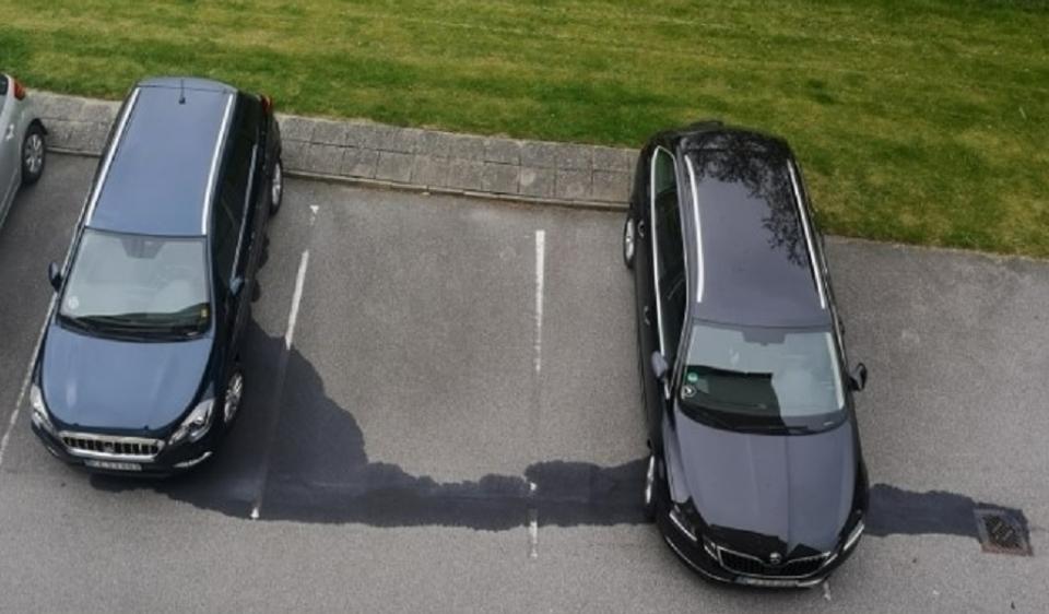 Benzinen løb ud fra bilen til venstre, efter ukendte personer havde været på spil i nattens løb. <i>Privatfoto: Esben Olesen</i>