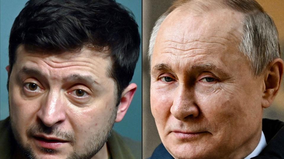 Den ukrainske præsident, Volodymyr Zelenskyj (t.v.), vil gerne mødes med præsident Putin, men Putin er umiddelbart ikke villig til at mødes ifølge Zelenskyj. (Arkivfoto). <i>Sergei Supinsky, Sergei Guneyev/Ritzau Scanpix</i>